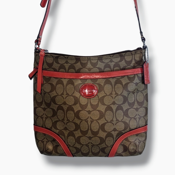 Coach Handbags - Coach | Signature Red Trim Logo Peyton Convertible Hobo Bag